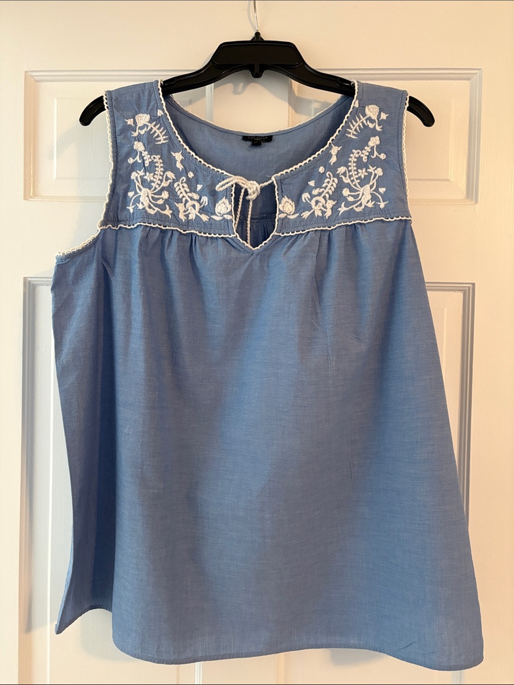 Talbots Light Blue Sleeveless Embroidered Yoke Tank